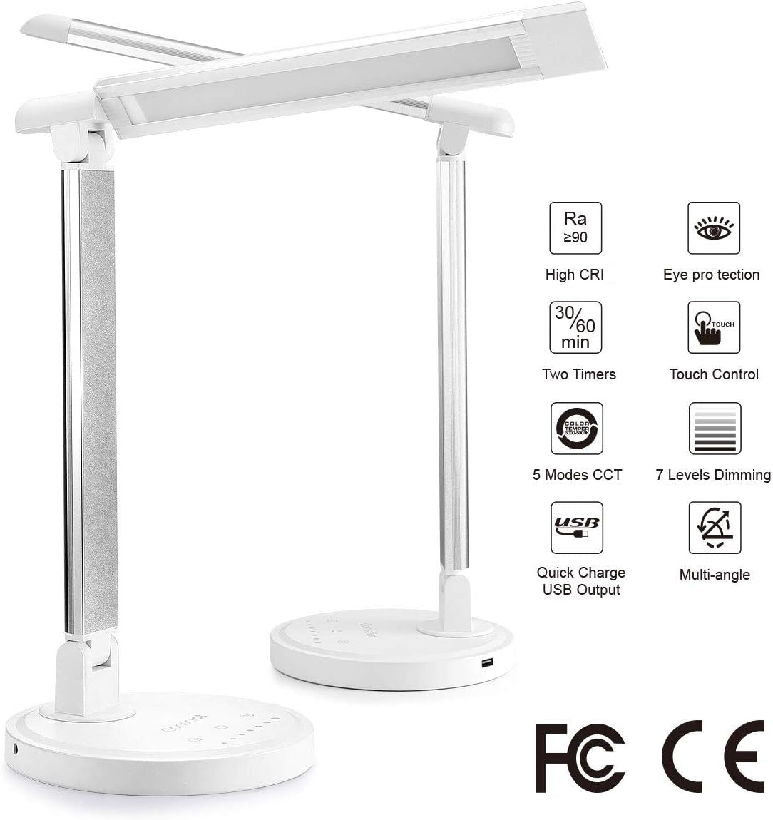 12W LED Desk Lamp with USB Charging Port, 5 Lighting Modes 7 Brightness Levels, Dimmable and Adjustable, Touch-Sensitive Control, 30/60 Min Auto Timer, White