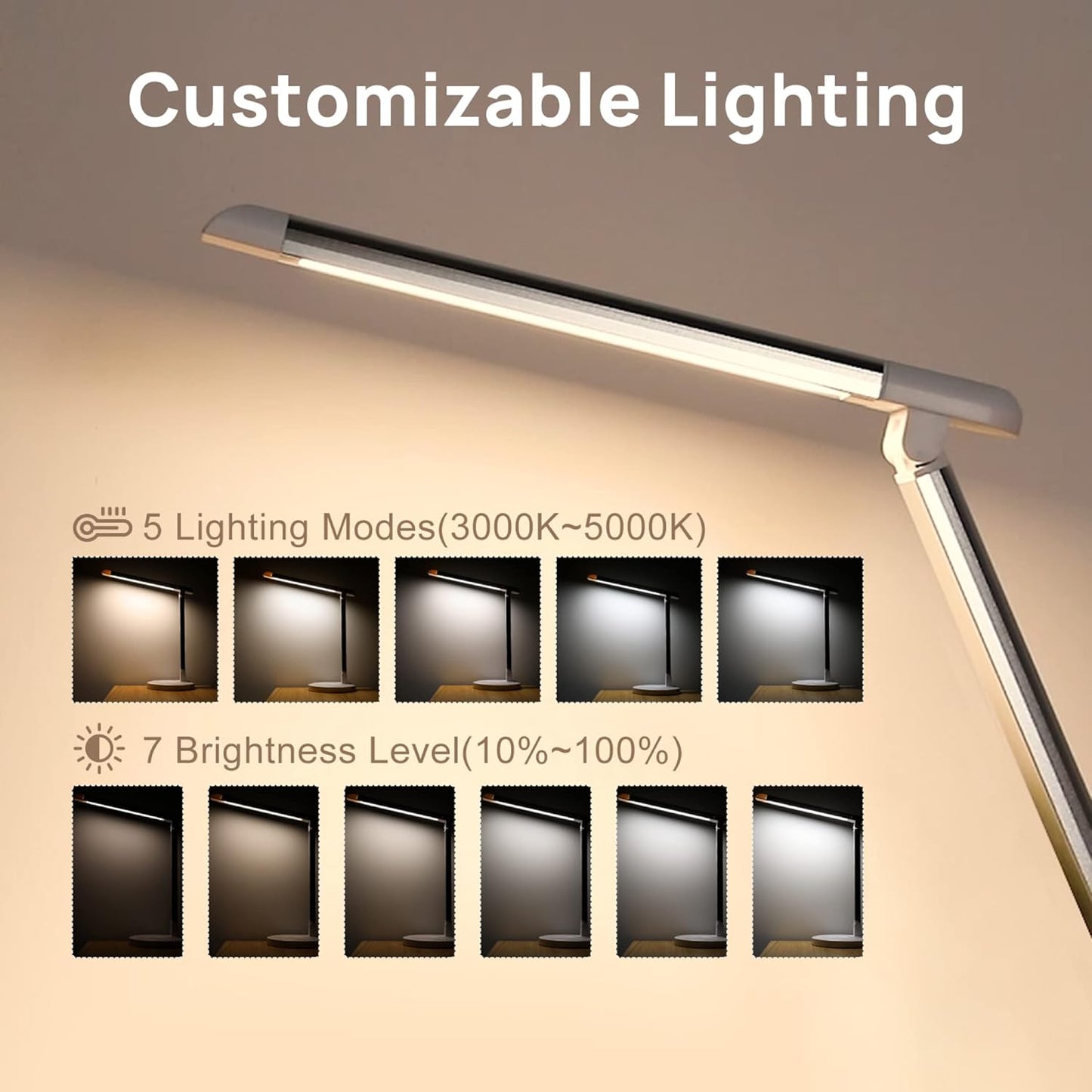 12W LED Desk Lamp with USB Charging Port, 5 Lighting Modes 7 Brightness Levels, Dimmable and Adjustable, Touch-Sensitive Control, 30/60 Min Auto Timer, White