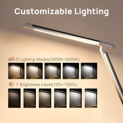 12W LED Desk Lamp with USB Charging Port, 5 Lighting Modes 7 Brightness Levels, Dimmable and Adjustable, Touch-Sensitive Control, 30/60 Min Auto Timer, White