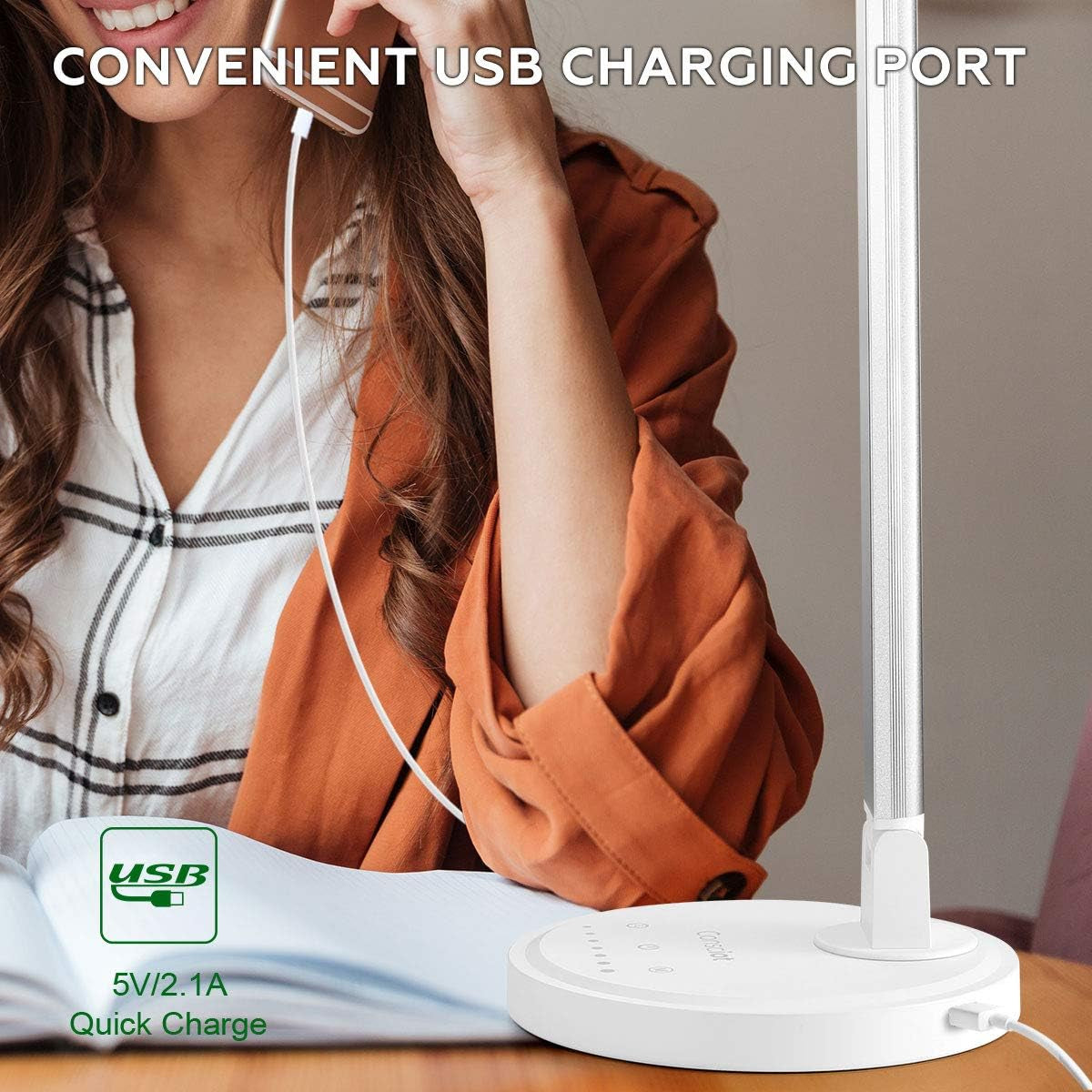 12W LED Desk Lamp with USB Charging Port, 5 Lighting Modes 7 Brightness Levels, Dimmable and Adjustable, Touch-Sensitive Control, 30/60 Min Auto Timer, White