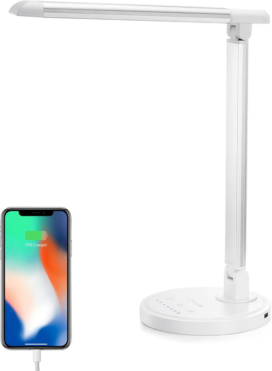 12W LED Desk Lamp with USB Charging Port, 5 Lighting Modes 7 Brightness Levels, Dimmable and Adjustable, Touch-Sensitive Control, 30/60 Min Auto Timer, White