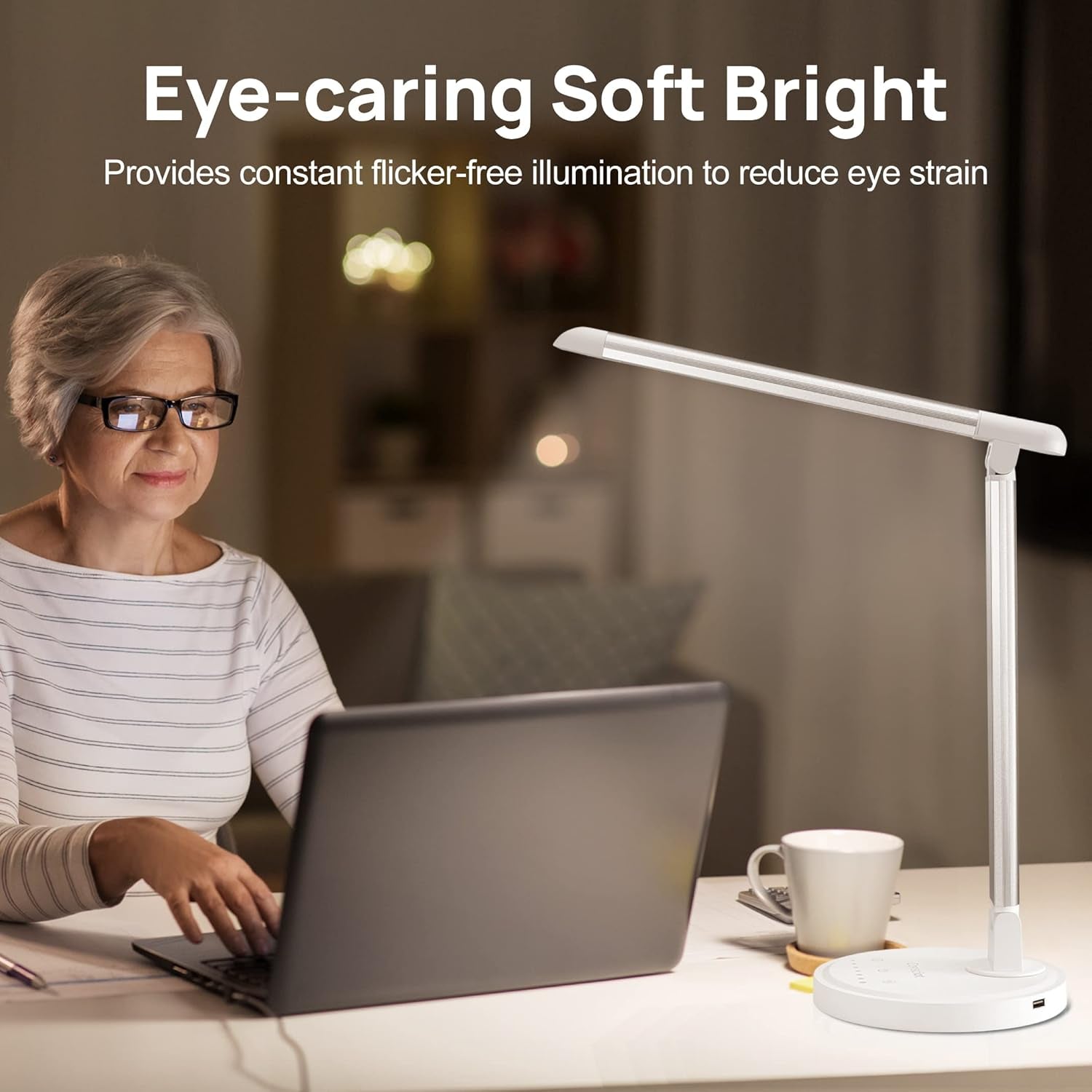 12W LED Desk Lamp with USB Charging Port, 5 Lighting Modes 7 Brightness Levels, Dimmable and Adjustable, Touch-Sensitive Control, 30/60 Min Auto Timer, White