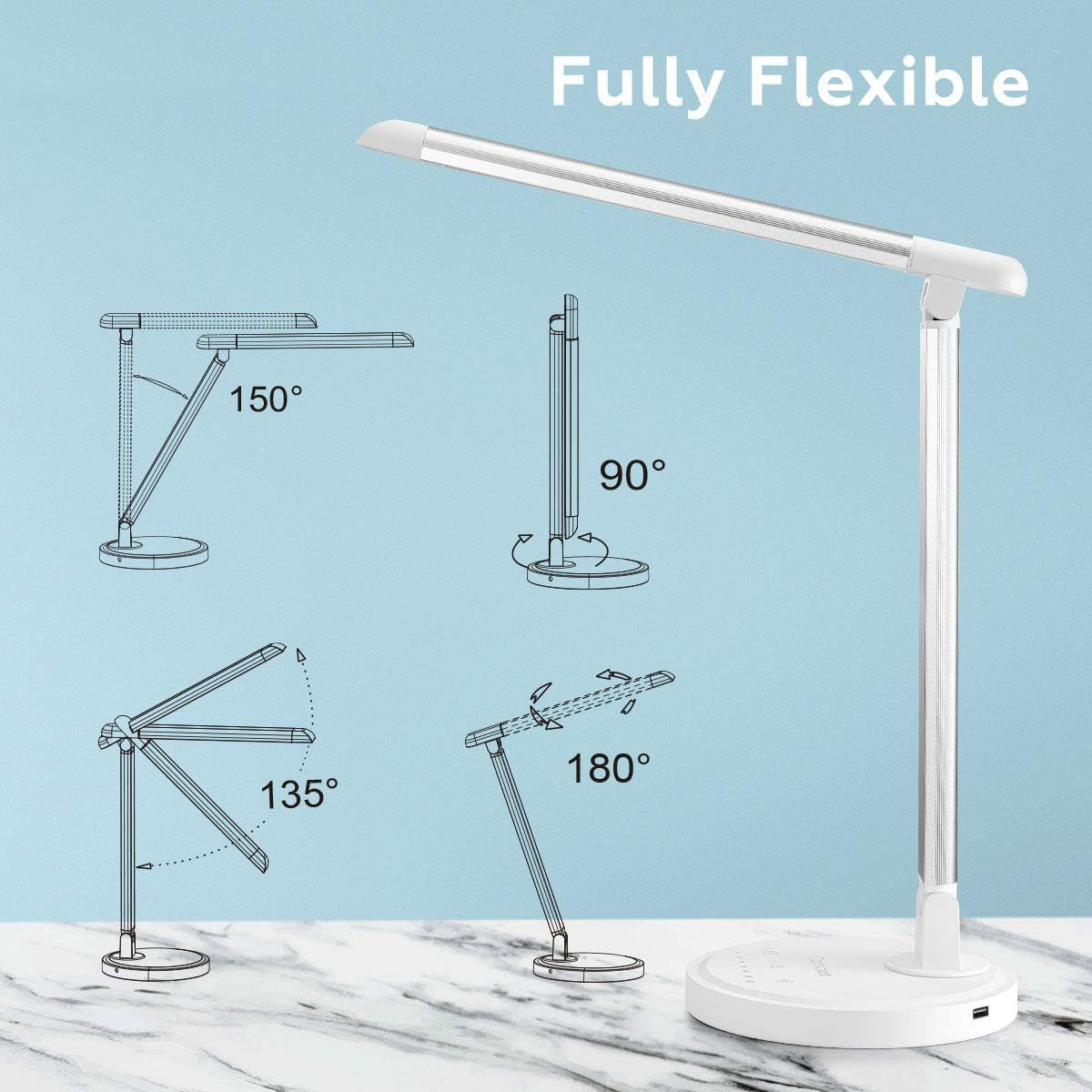 12W LED Desk Lamp with USB Charging Port, 5 Lighting Modes 7 Brightness Levels, Dimmable and Adjustable, Touch-Sensitive Control, 30/60 Min Auto Timer, White