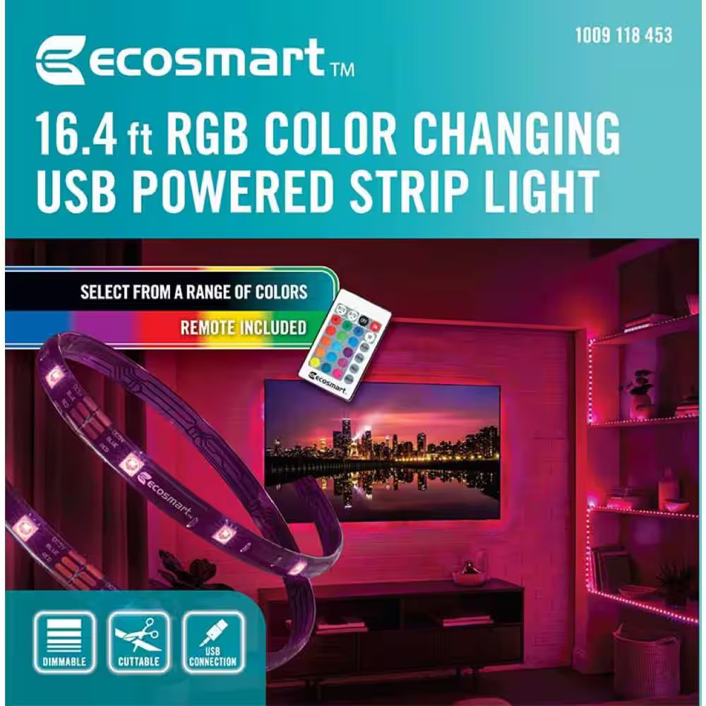 16.4 Ft. RGB Color Changing Dimmable USB Powered LED Strip Light with Remote Control