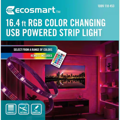 16.4 Ft. RGB Color Changing Dimmable USB Powered LED Strip Light with Remote Control