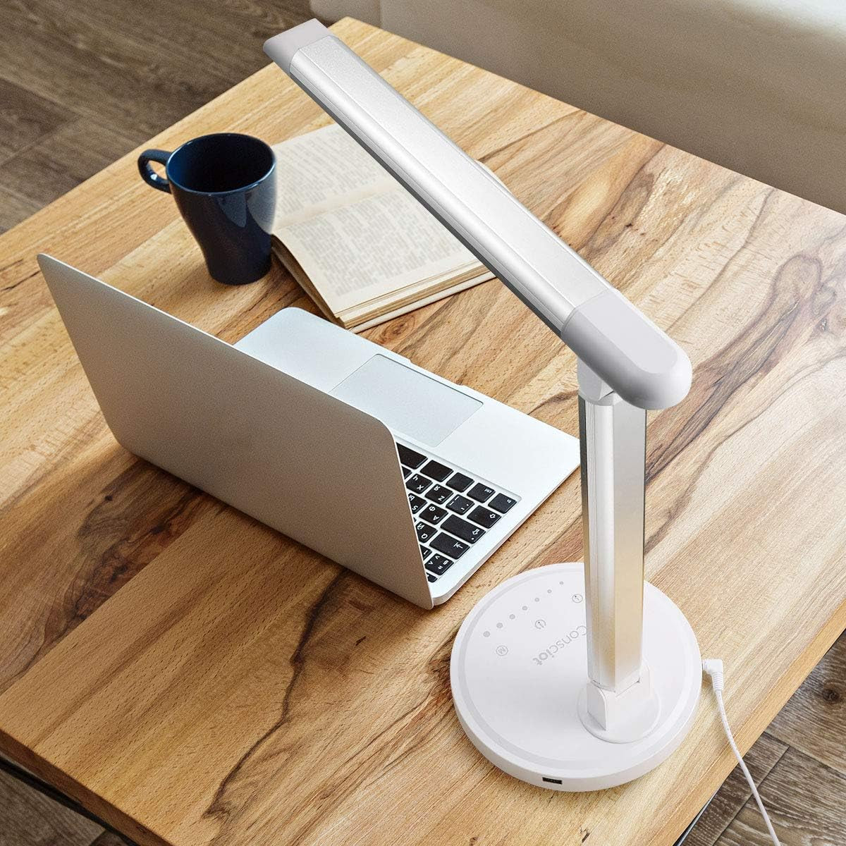 12W LED Desk Lamp with USB Charging Port, 5 Lighting Modes 7 Brightness Levels, Dimmable and Adjustable, Touch-Sensitive Control, 30/60 Min Auto Timer, White