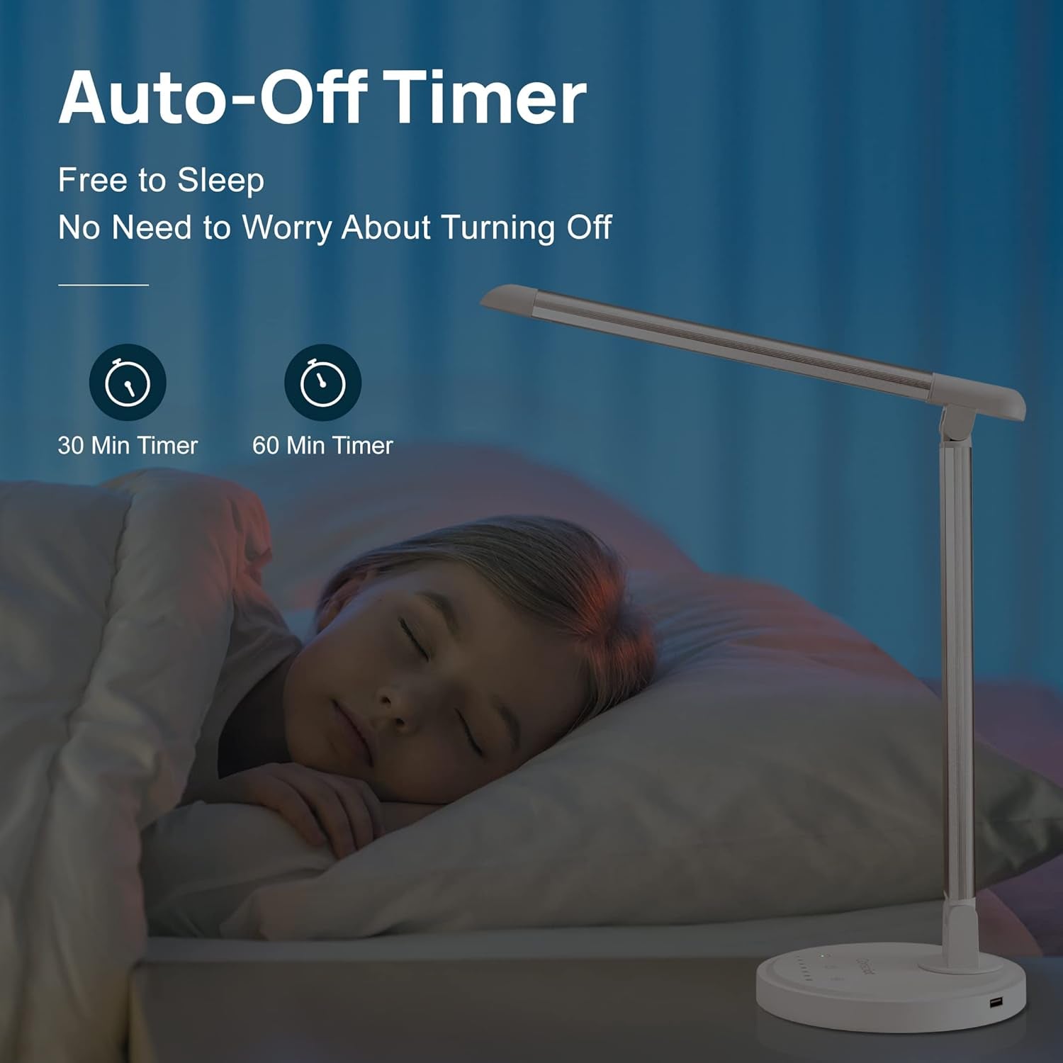 12W LED Desk Lamp with USB Charging Port, 5 Lighting Modes 7 Brightness Levels, Dimmable and Adjustable, Touch-Sensitive Control, 30/60 Min Auto Timer, White
